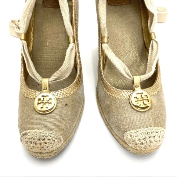 TORY Burch Canvas Lace up Ankle Espadrilles Wedge Heel In Gold Size 9 - Picture 3 of 8